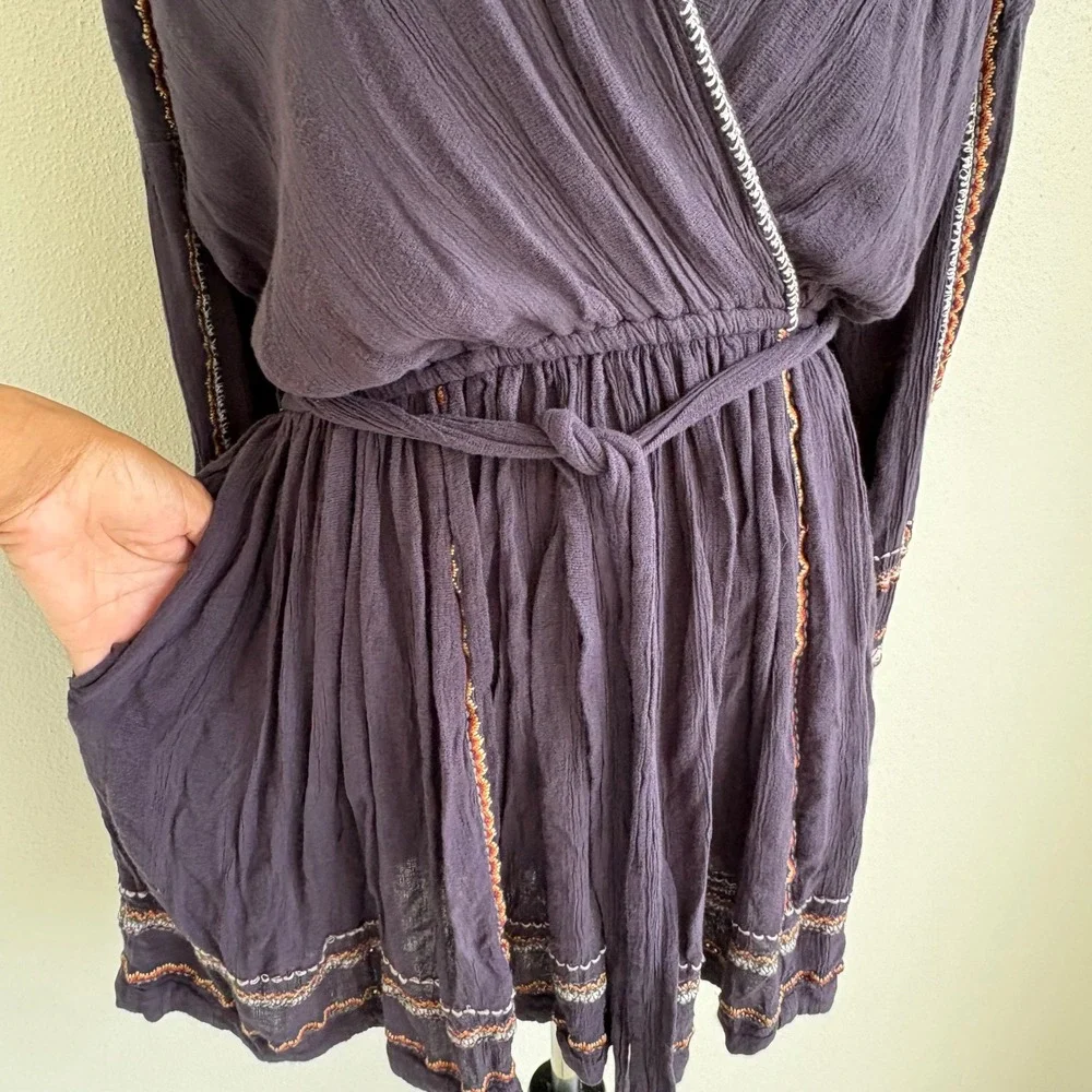 Free People Delilah Embroidered Wrap Mini Dress Womens‎ S Plum-Purple Boho Gauze